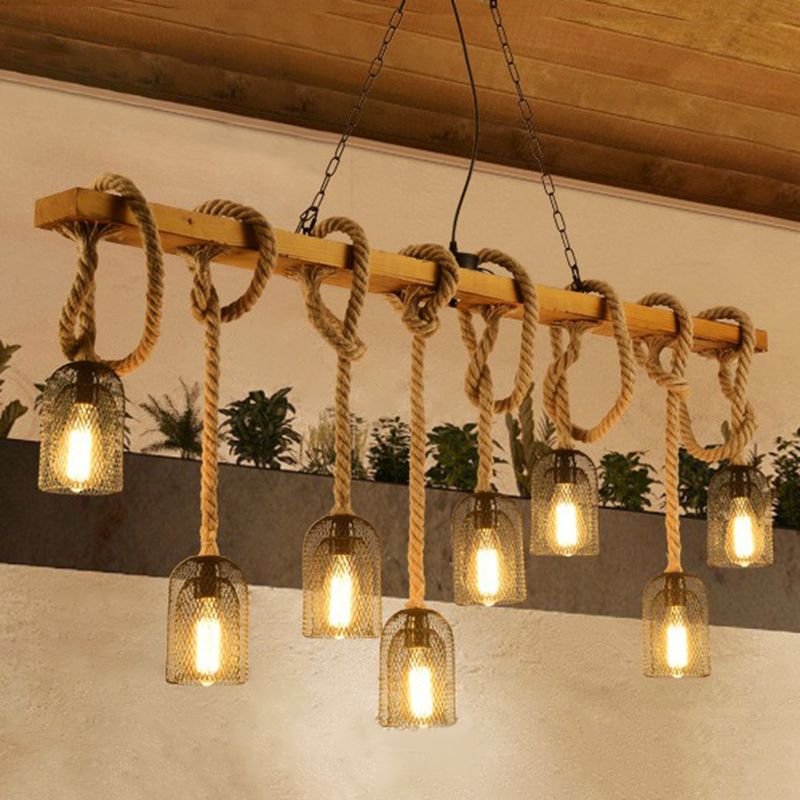 Metallic Elongated Dome Hanging Lamp Antique Restaurant Island Chandelier Light with Hemp Rope in Wood