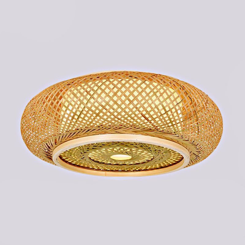 Japanese Style Bamboo Flush Mount Drum Shape Beige Flush Mount Ceiling Fixture for Living Room