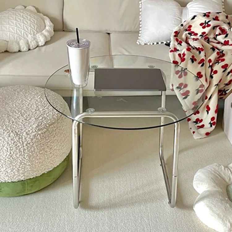 Modern Round Cocktail Table with Glass Top and Steel Sled Base