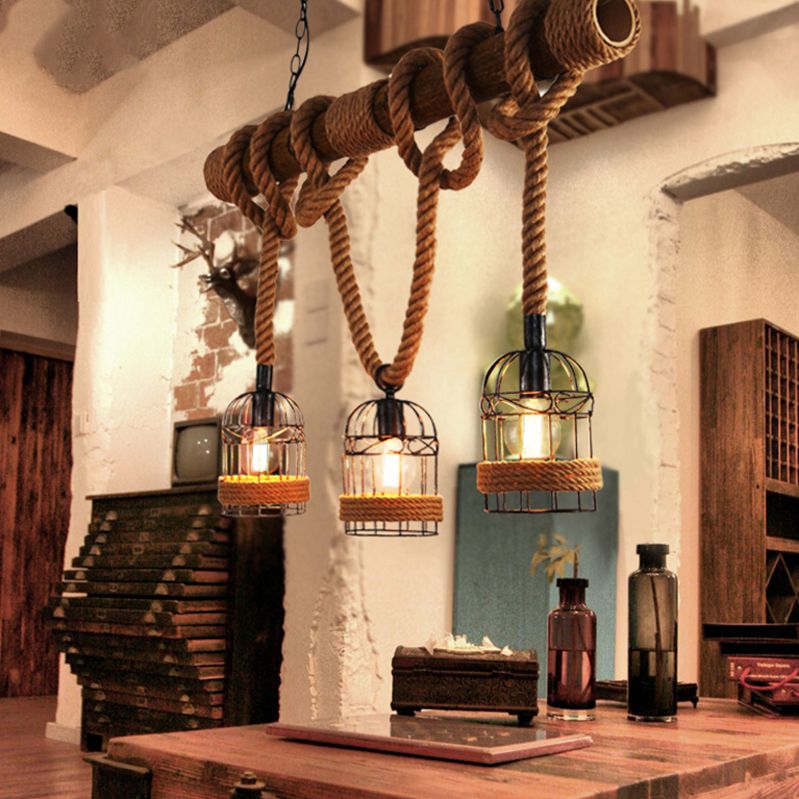 Industrial Style Birdcage Shape Island Pendants Rope Pendant Lights for Restaurant