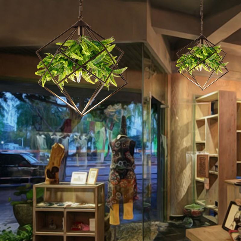 Diamond Cage Iron Drop Pendant Farmhouse 1 Head Tearoom Plant Hanging Light in Black, 16.5"/19"/21.5" W