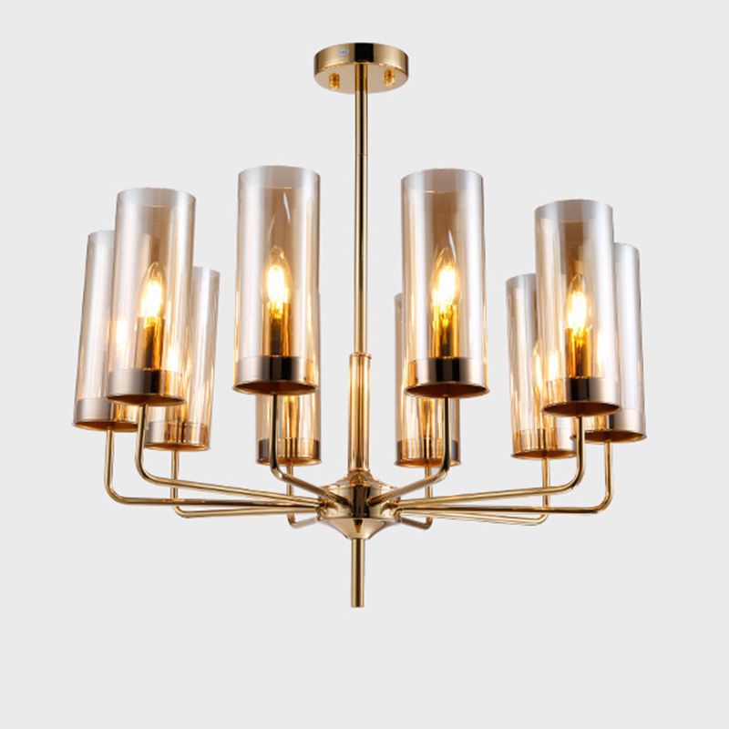 Post-Modern Metal Hanging Chandelier Light Cylindrical Glass Shade Ceiling Chandelier in Gold for Living Room