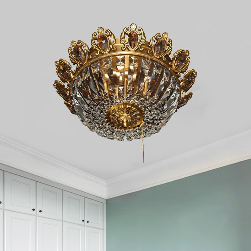Beveled Crystal Bowl Flush Mount Lighting Traditional 4 Heads Bedroom Ceiling Lamp in Brass