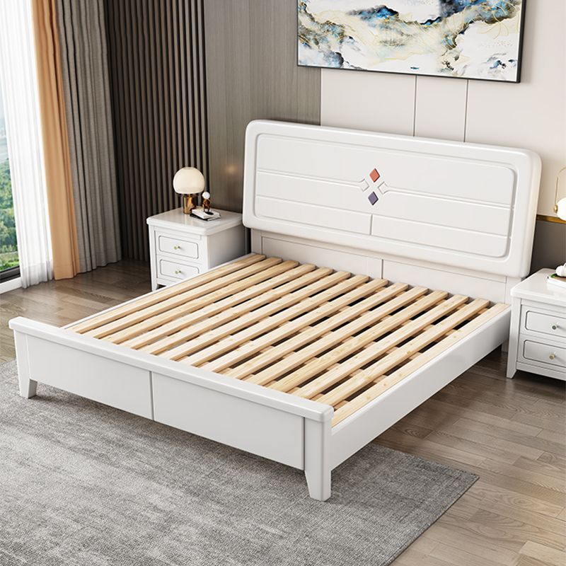 White Contemporary Panel Bed Solid Wood Bed Frame, 44.5" Tall