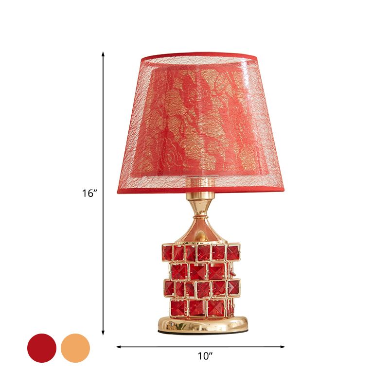 1 Kopf Rosendruck gedrucktem Stofftisch Lampe Vintage Romantische Rot/Gold Dual Cone Shade Nachtlicht mit Würfelkristallbasis