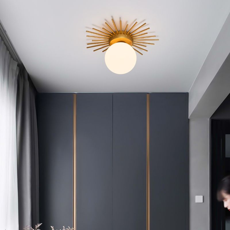 Single-Bulb Bedroom Ceiling Light Postmodern Gold Finish Flushmount Light with Ball Cream Glass Shade