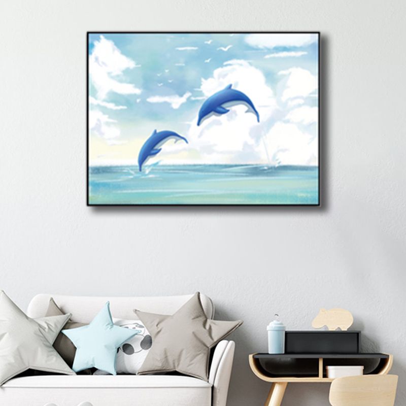 Sea Animal and Ocean Painting Light Color Kids Style Wrapped Canvas for Family Room