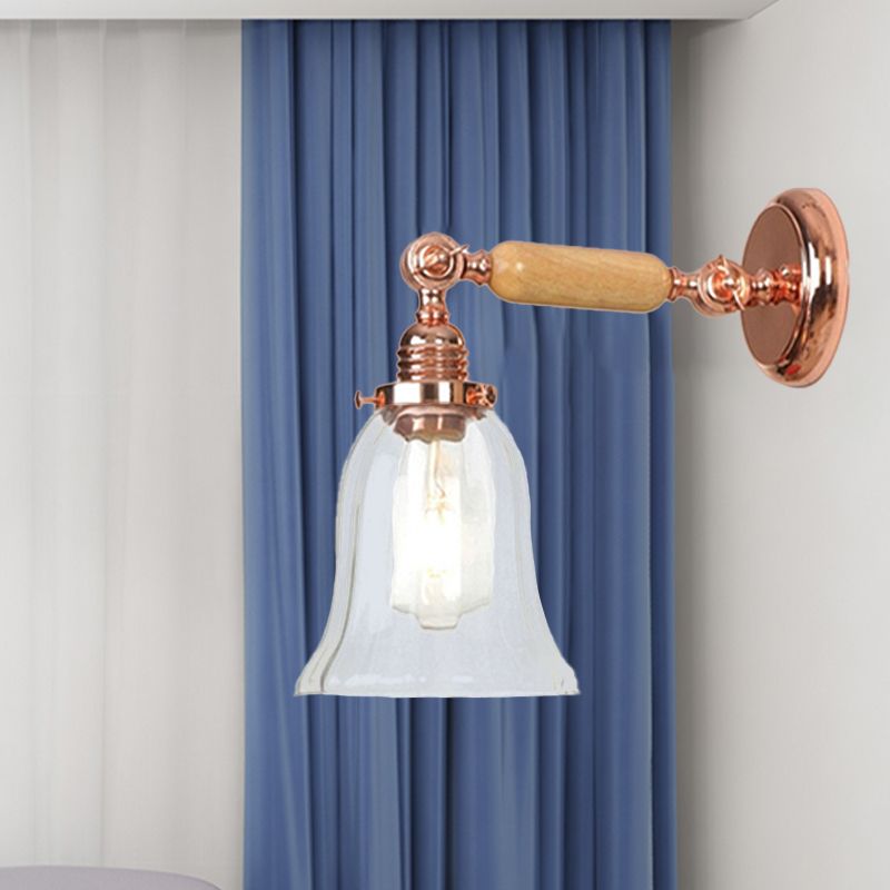 Campana de luz de madera de vidrio prismático claro de 1 lámpara de pared de estilo vintage de 1 luces con brazo extensible