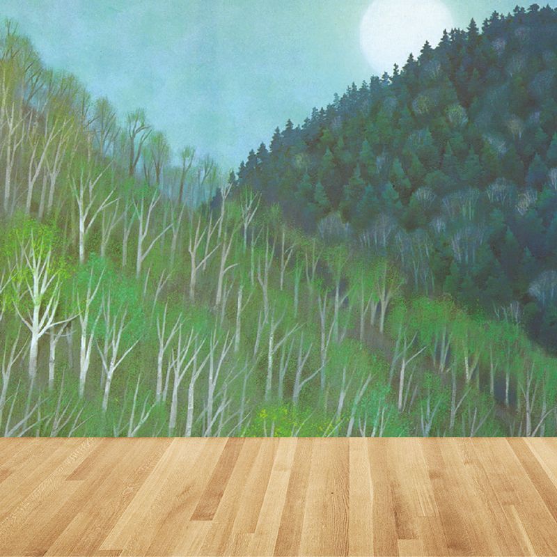 Big Grove and Moon Mural Wallpaper Contemporary Relaxing Botanical Wall Covering in Green