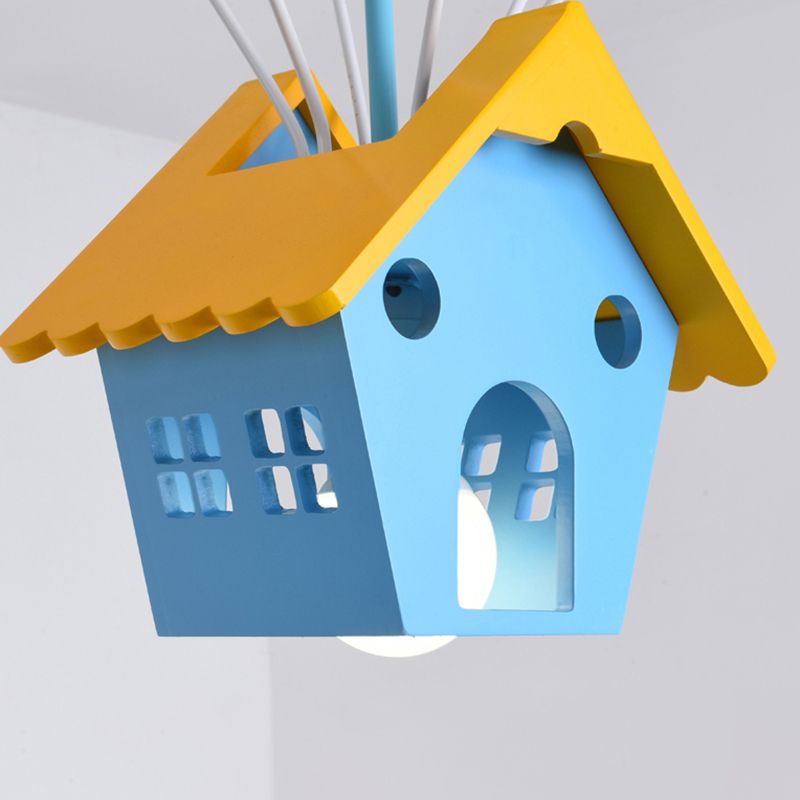 Wood House Pendant Light with Colorful Balloon 7 Heads Cartoon Chandelier in Blue for Child Room