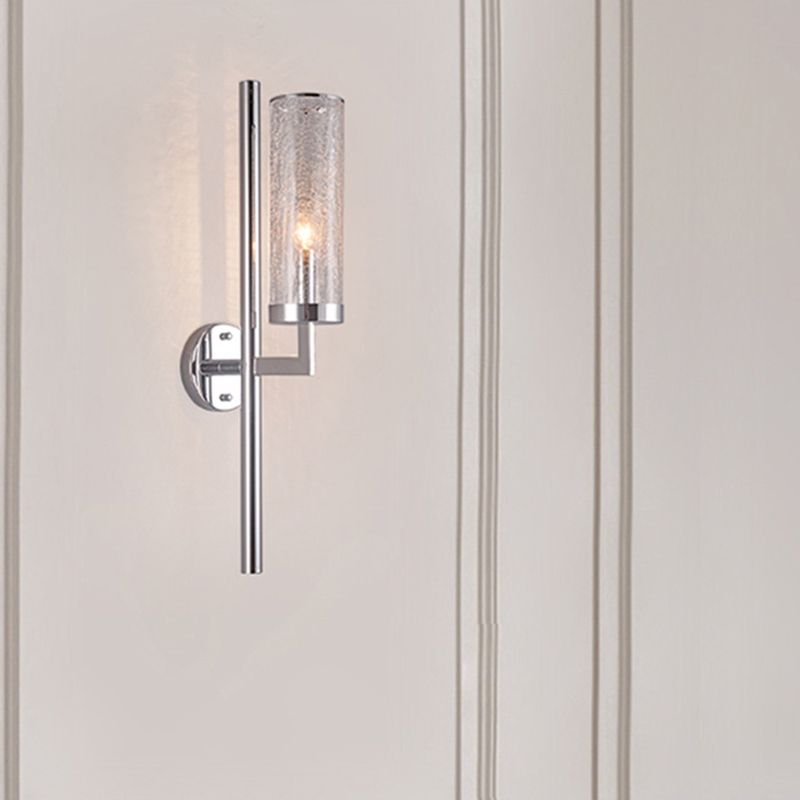 Armed Wall Lamp Modern Metal 1 Head Chrome Sconce Light Fixture with Crackle Glass Shade