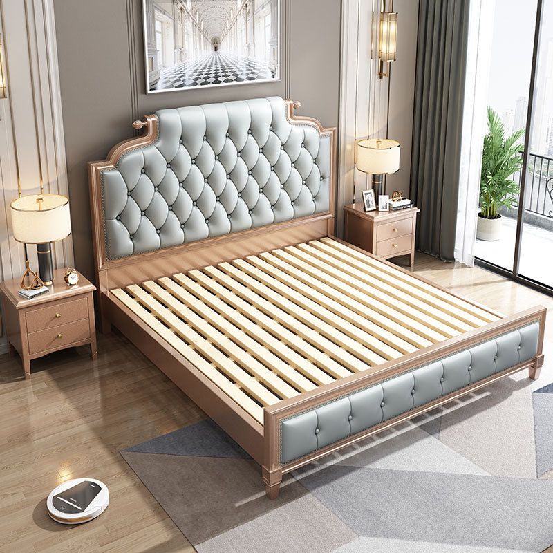 Victorian Style Bed Frame Rubberwood Bed with Upholstered Headboard