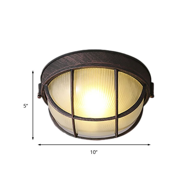 Plafonnier à lumière unique rouille, luminaire encastré à dôme en verre nervuré rustique avec cage