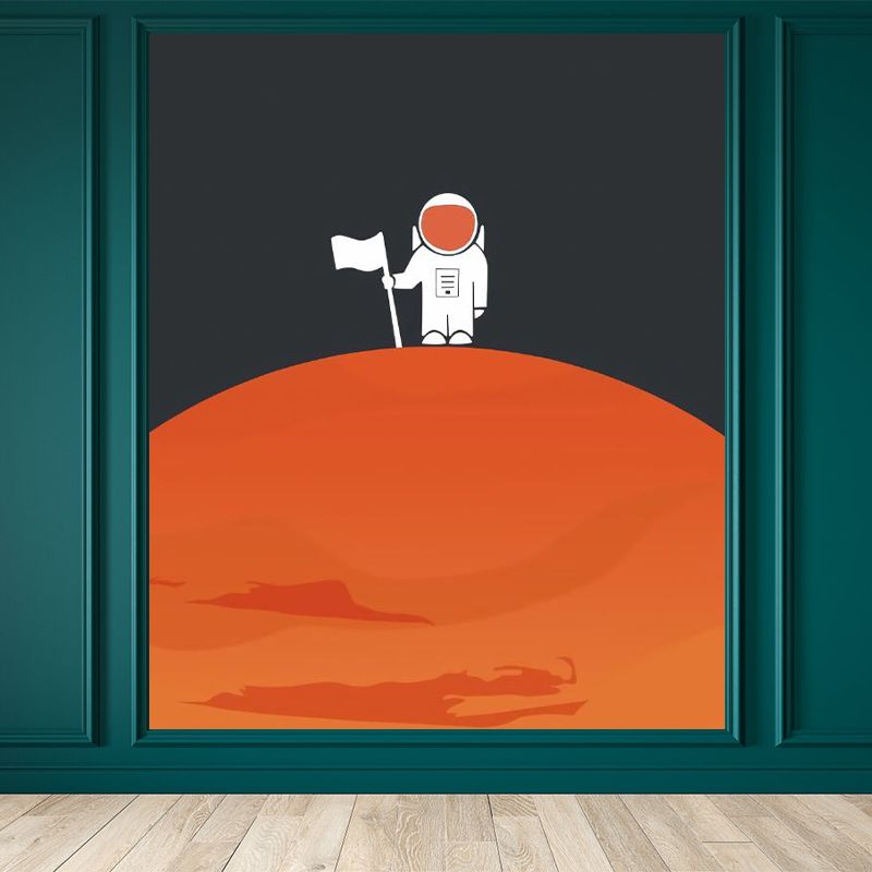 Astronaut Planet Landing Wall Mural Black and Orange Kids Style Wall Art for Bedroom