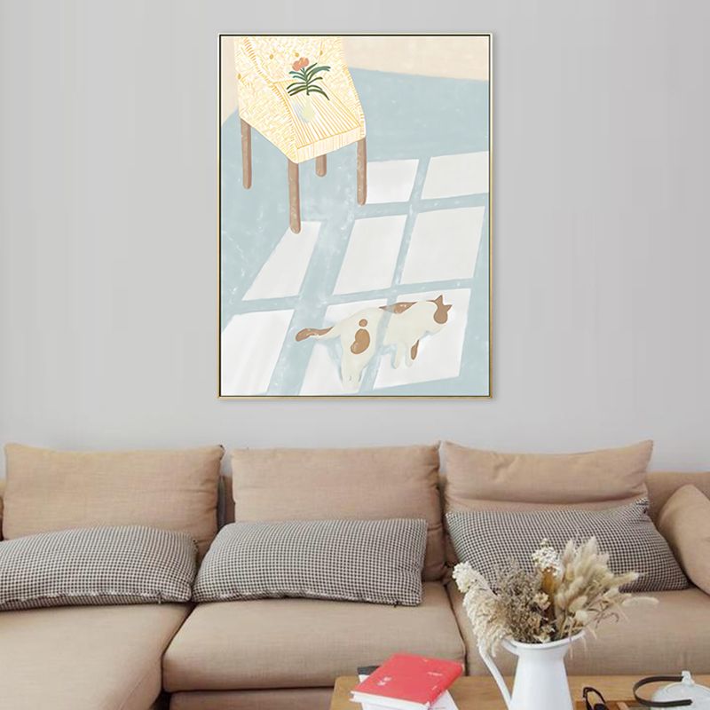 Cat with Floor Sunlight Art Print Cartoon Canvas Wall Decor in Light Blue for Room