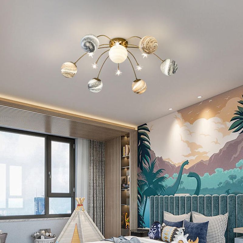 13- Light LED Flush Mount in Modern Unique Style Radial Metal Ceiling Light with Chromatic Planet Glass Shade