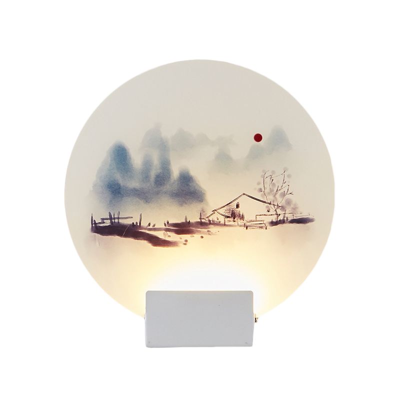 White Circular Mountain Mural Light Oriental Style LED Acrylic Wall Lighting Fixture