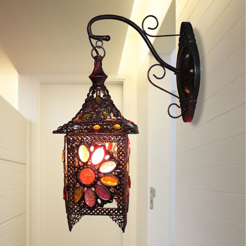 Lantern Bedroom Sconce Wall Light Bohemian Metal 1 Bulb Brass/Black Wall Lighting Fixture