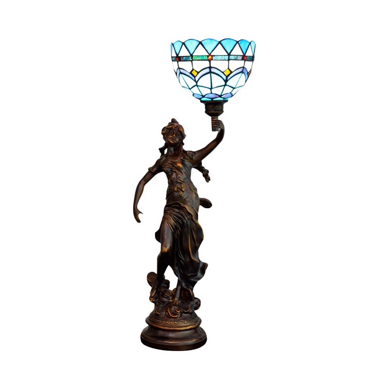 Tiffany-Style Angel Girl Table Lamp Single-Bulb Blue and White/Beige Cut Glass Nightstand Light for Bedroom