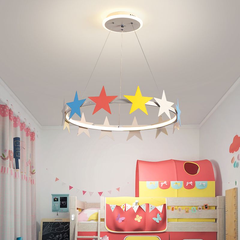19.5"/23.5" Dia Metal Ring Chandelier Light with Star Decoration Cartoon LED Suspension Light in White, Warm/White Light