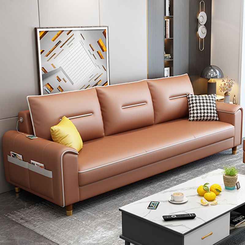 Nordic Leather Sofa with Bolster Pillows Single Cushion Seat Square Arm for Living Room