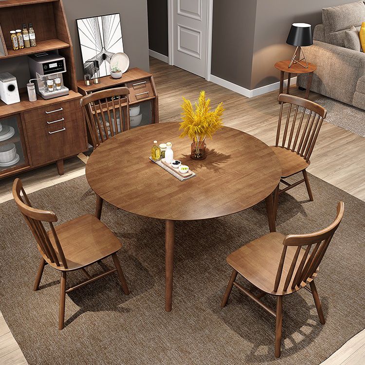 Round Dining Table Modern 4 Legs Wood Color Fixed Table of Solid Wood