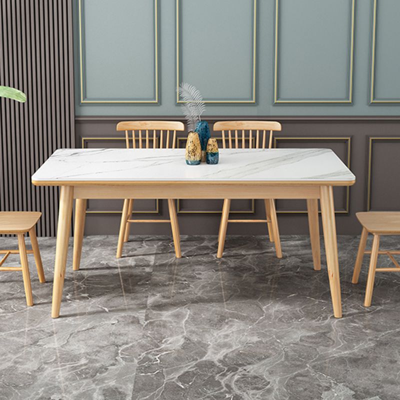 Modern White Rectangle Stone Dining Table with 4 Wooden Foot