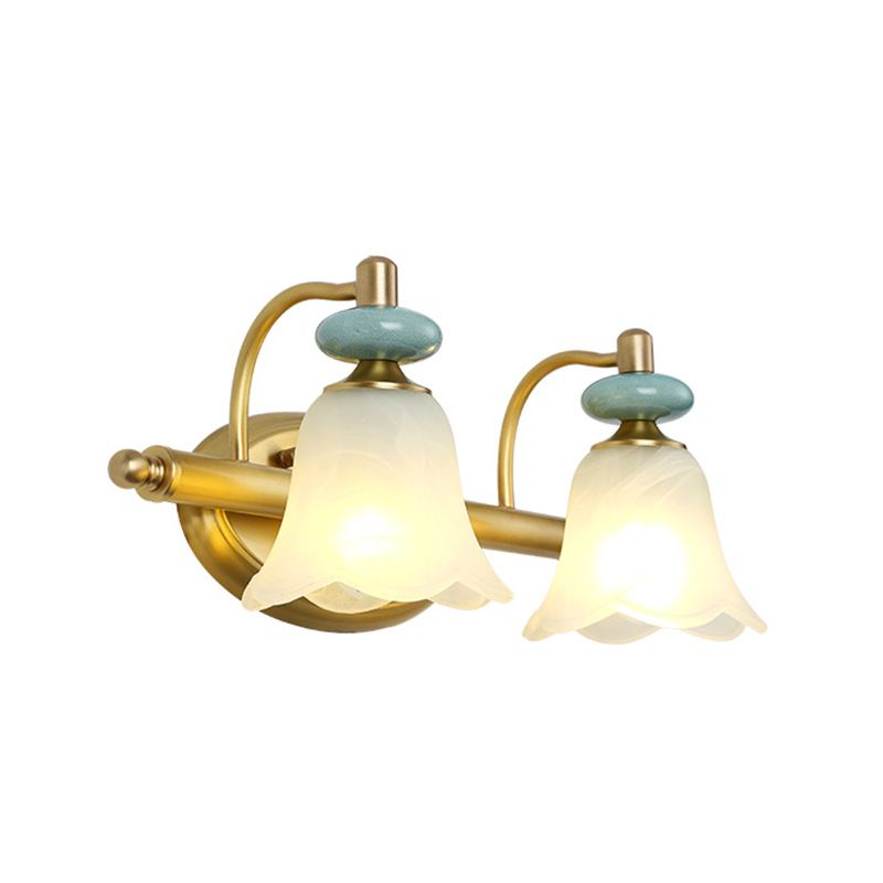 Modernism Armed Vanity Light Metal 2/3 Heads Wall Mounted Lamp in Brass with Flower Milk Glass Shade