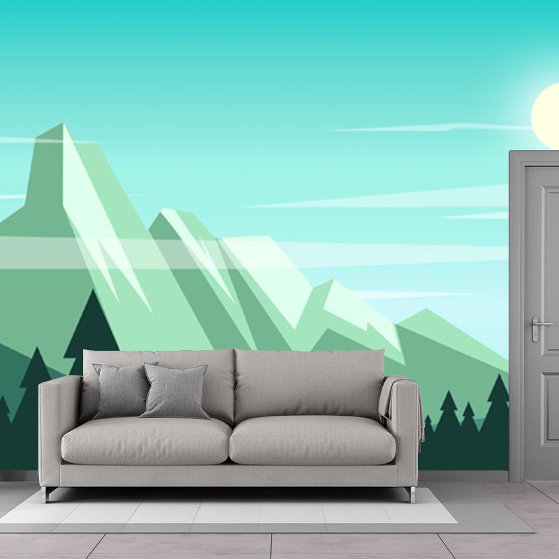 Nordic Sunshine on Mountain Murals in Aqua Pipe-Forest Wall Covering for Living Room