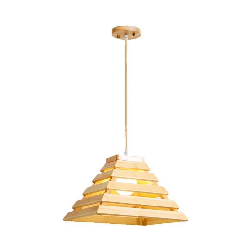 Pyramid Suspension Light Asian Wooden 1 Bulb Dining Table Pendant Lighting with Cage Design in Beige