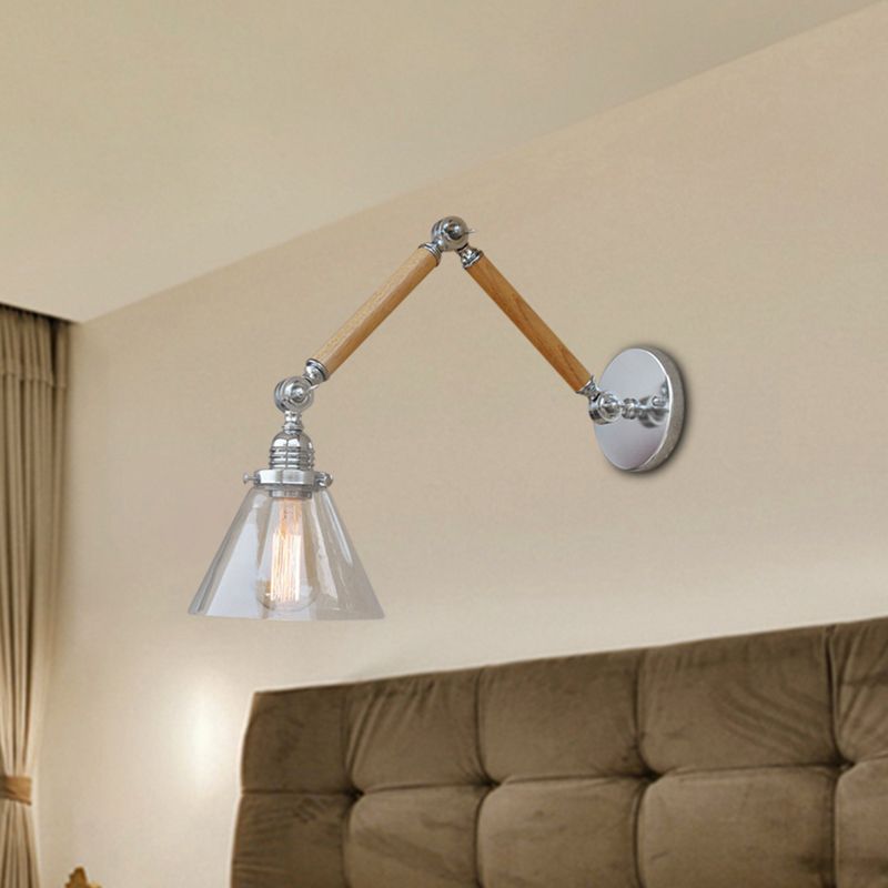 Cone Bedside Sconce Light Fixture Vintage Style Clear Glass 1 Light Chrome Wall Lamp, 8"+8"/6"+6"/8"+4" Wooden Arm