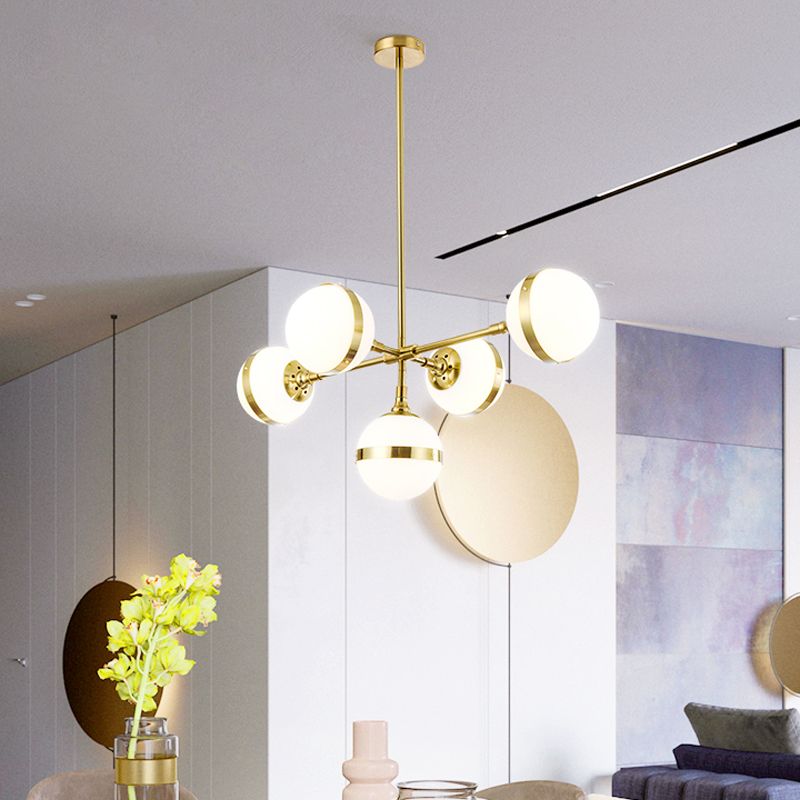 Gold Branch Hanging Lamp Kit Postmodern 3/5-Light White Ball Glass Suspension Pendant Light