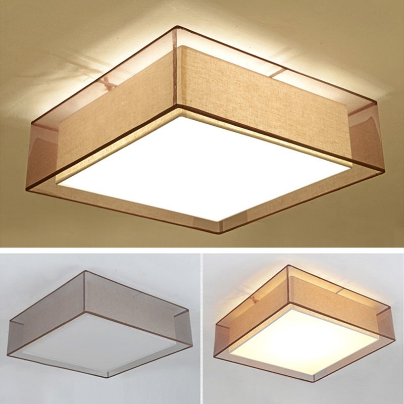 Brown Square Ceiling Light in Traditional Concise Style Wrought Iron Flush Mount with Fabrics Shade
