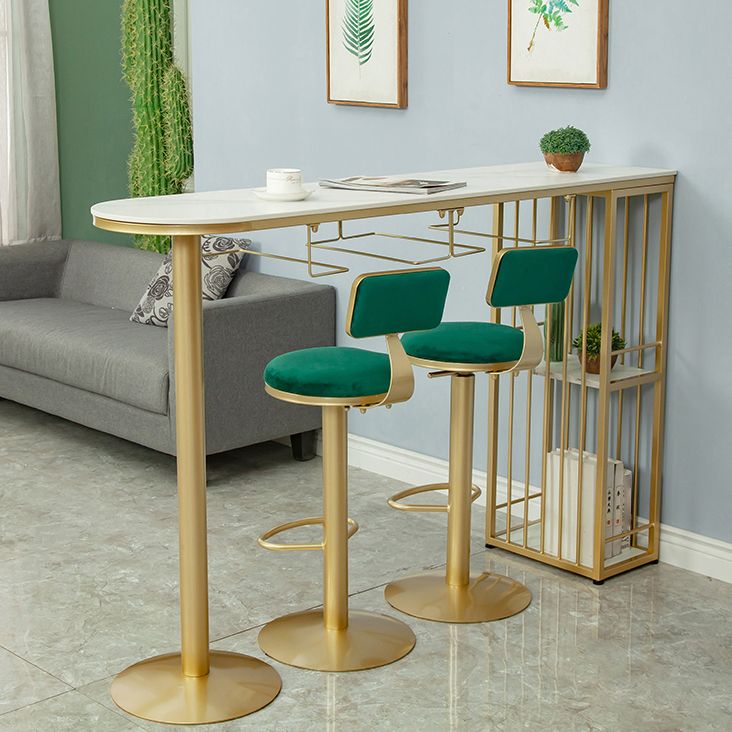 Glam White Stone Bar Dining Table Gold Iron Double Pedestal Bistro Table with Shelve