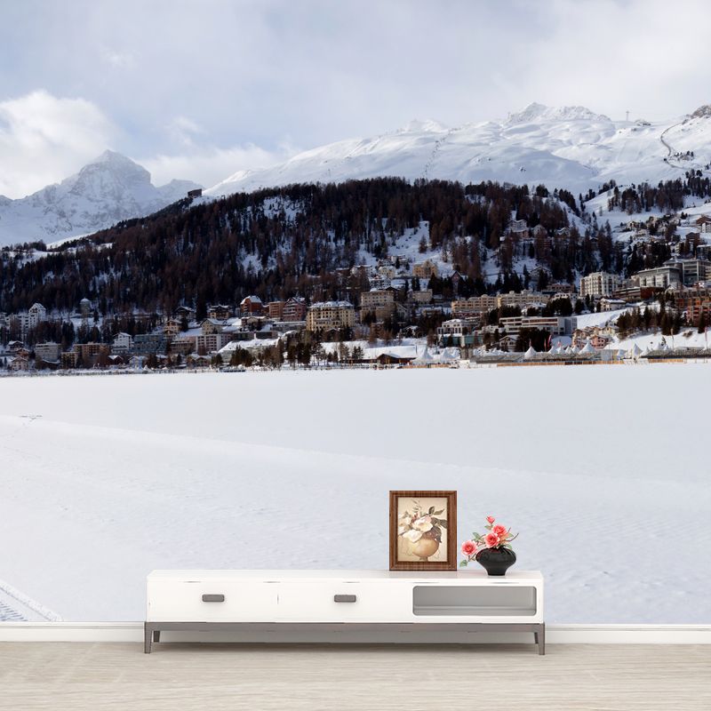 Non-Woven Large White Mural Modern Mountain Village Snow Landscape Wall Decor, Made to Measure
