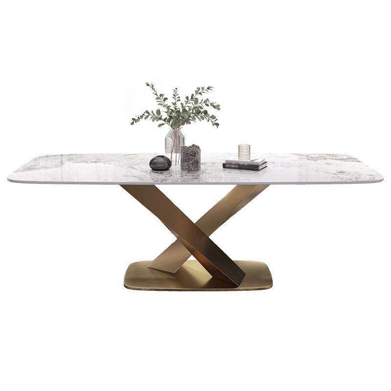Mesa de comedor de piedra sinterizada de lujo Mesa blanca rectangular con pedestal de metal