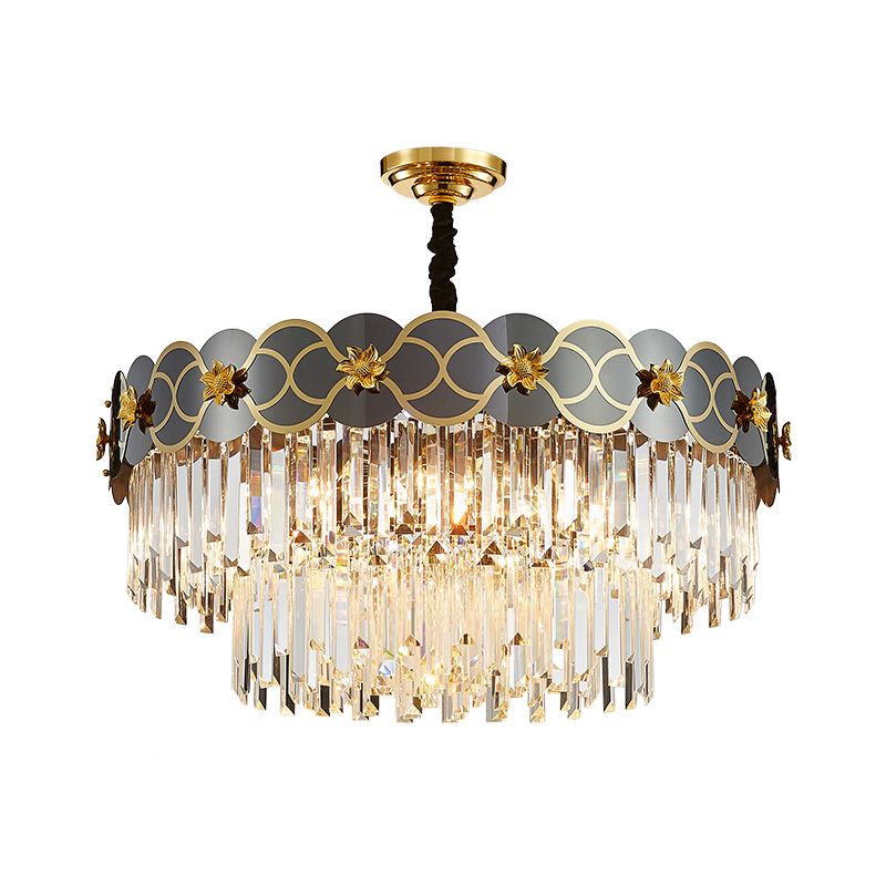 6 ampoules Priss en verre transparent pendentif traditionnel fin finition gris conique lustre plafond de salon avec décoration de fleurs dorées