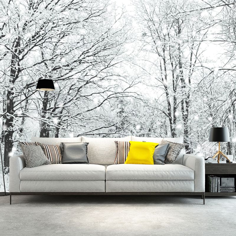 Custom Photo-Print Modern Mural with Bare Trees and Snow Landscape Pattern in White