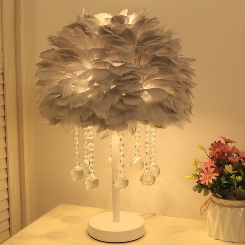 Hemisphere Feather Table Lamp Modern Single-Bulb Grey/White/Pink Night Light with Crystal Ball/Drop
