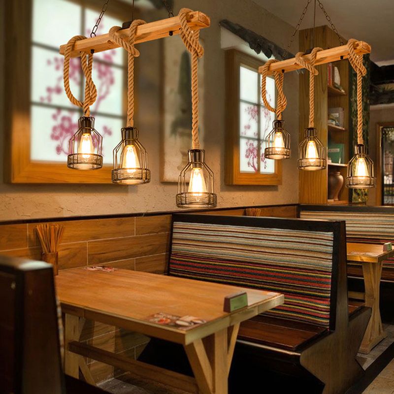 3 / 5 - Light Kitchen Island Fixture Wood and Iron Ceiling Lighting with Hemp Rope