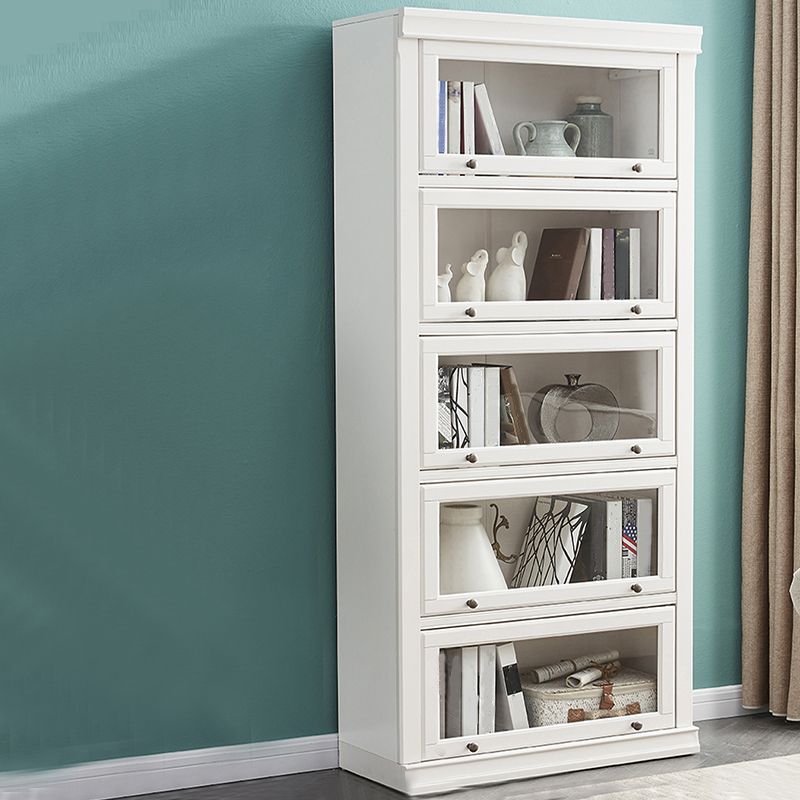 Modern Closed Storage Bookcase 12.5" W White Wooden Bookshelf with Glass Doors