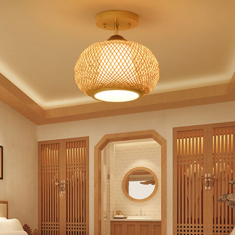 Pompoen Semi-Flush Mount Japanse bamboe 1-hoofd vlas dicht bij plafondverlichting, 14"/16" breed