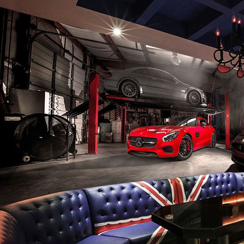Red Car and Factory Wall Mural Stain-Resistant Wall Art for Car Shop