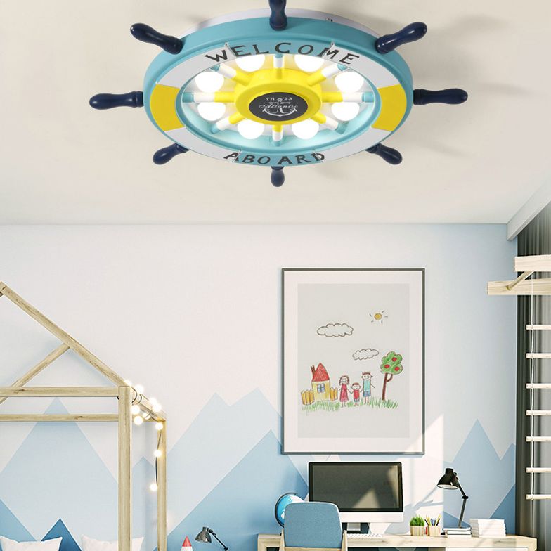 Children's Room Ceiling Light Creative Boy Bedroom Mediterranean Style Ocean Cartoon Wooden Pirate Ship Rudder Energy-saving Lamps