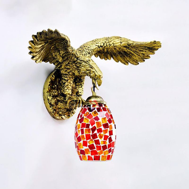 1 Light Balcony Wall Mount Fixture Tiffany Brass Sconce with Elongated Dome Silver/Red/Yellow Stained Glass Shade