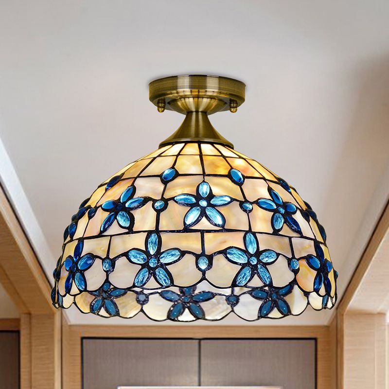 Dôme en laiton près du plafonnier Tiffany 5"/8"/12" de large, éclairage encastré à 1 tête avec bijoux floraux bleus