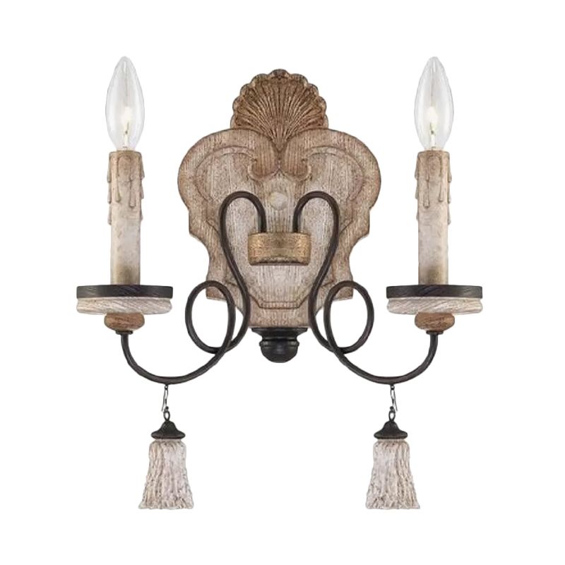 Lámpara de pared de salón con 2 luces de madera de campo estilo vela negra/blanca