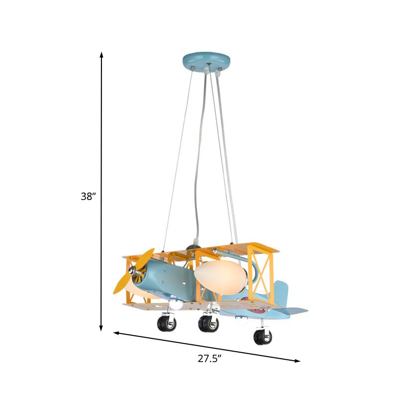 Airplane Metal Chandelier Light Kids 4 Heads Blue Ceiling Lamp with Bullet Milk Glass Shade