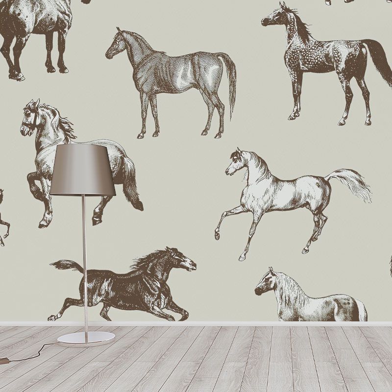 Full Size Minimalist Mural Wallpaper in Grey and Black Galloping Horses Wall Art for Coffee Shop