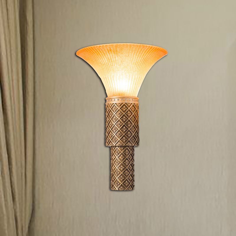 1 Light Wall Light Sconce with Bell Shade Yellow Glass and Resin Lodge Style Living Room Wall Lamp in Gold